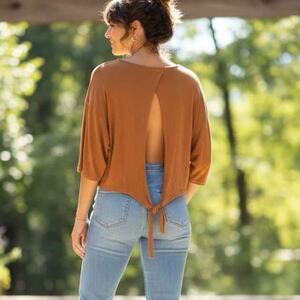 Grade & Gather Rust Brown Tie Back Open Back Cropped Knit Top S/M